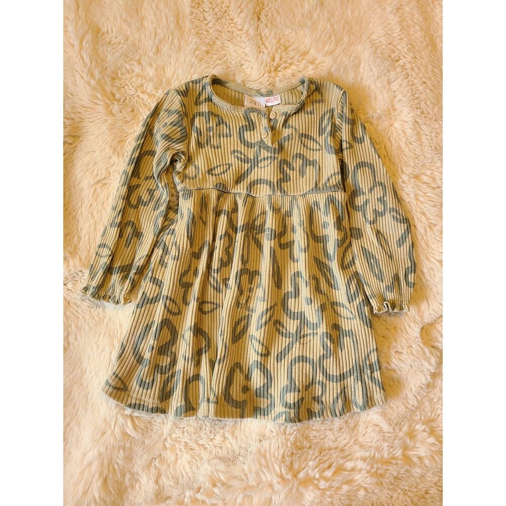 ZARA Ribbed Green Floral Dress size 2-3 girls